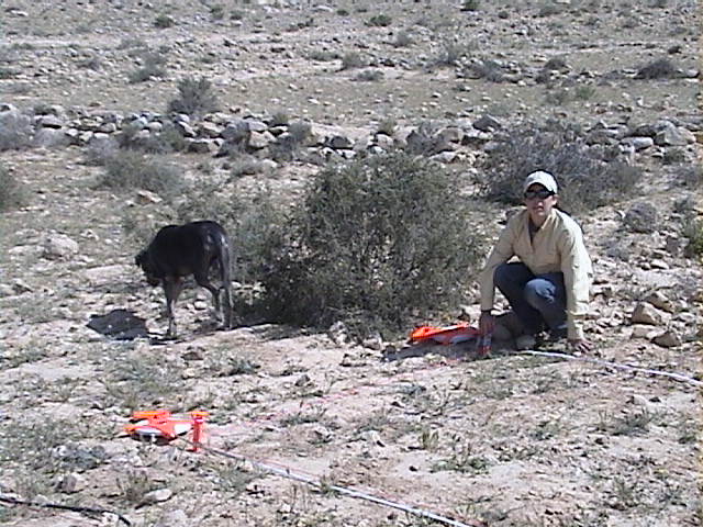 Jessie executing a rough terrain GPR survey at Avdat ancient archaeological terraces - click for GPR Field Study Slide Show